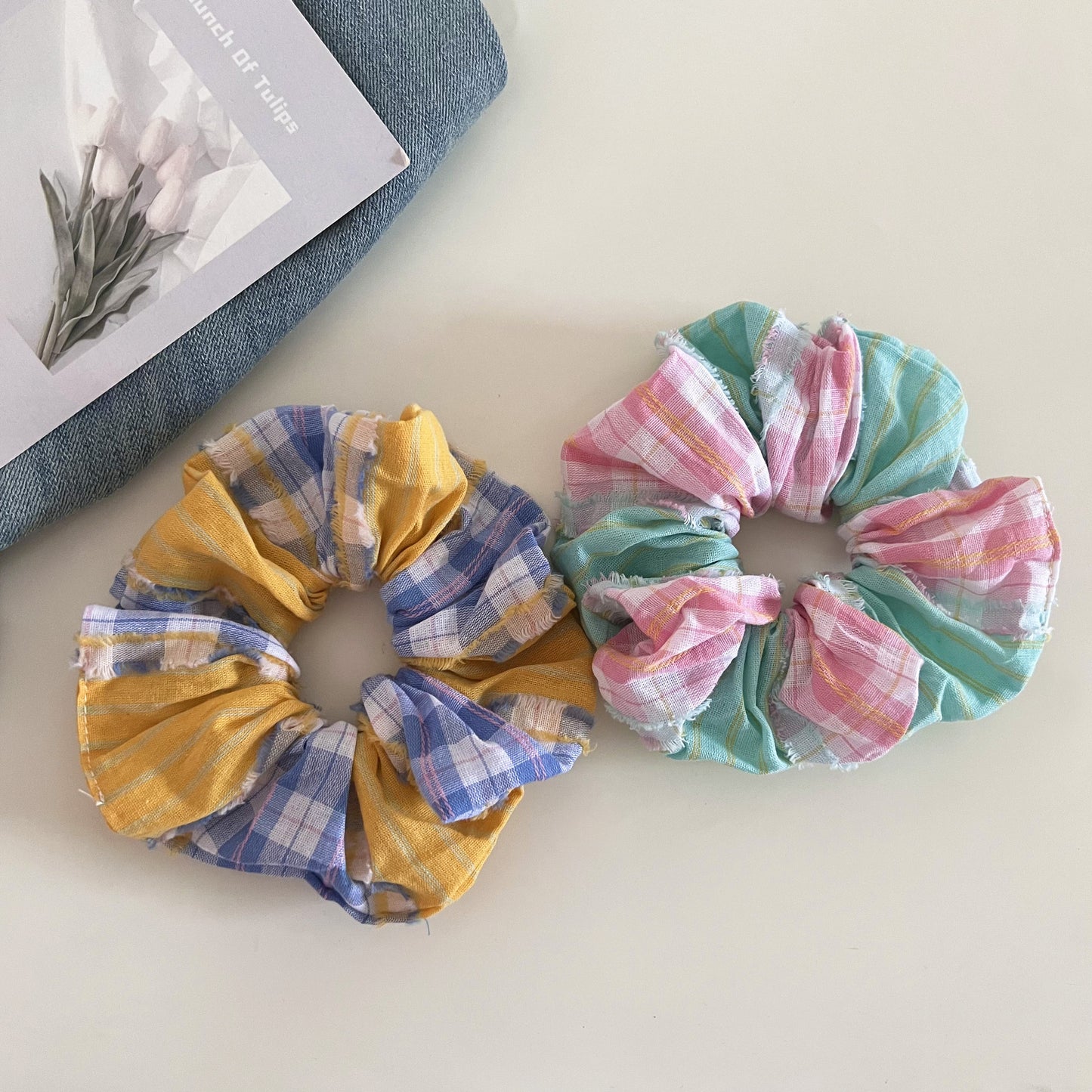 Plaid New Style Checkered Scrunchies In Pink For Stylish Hair Accessories
