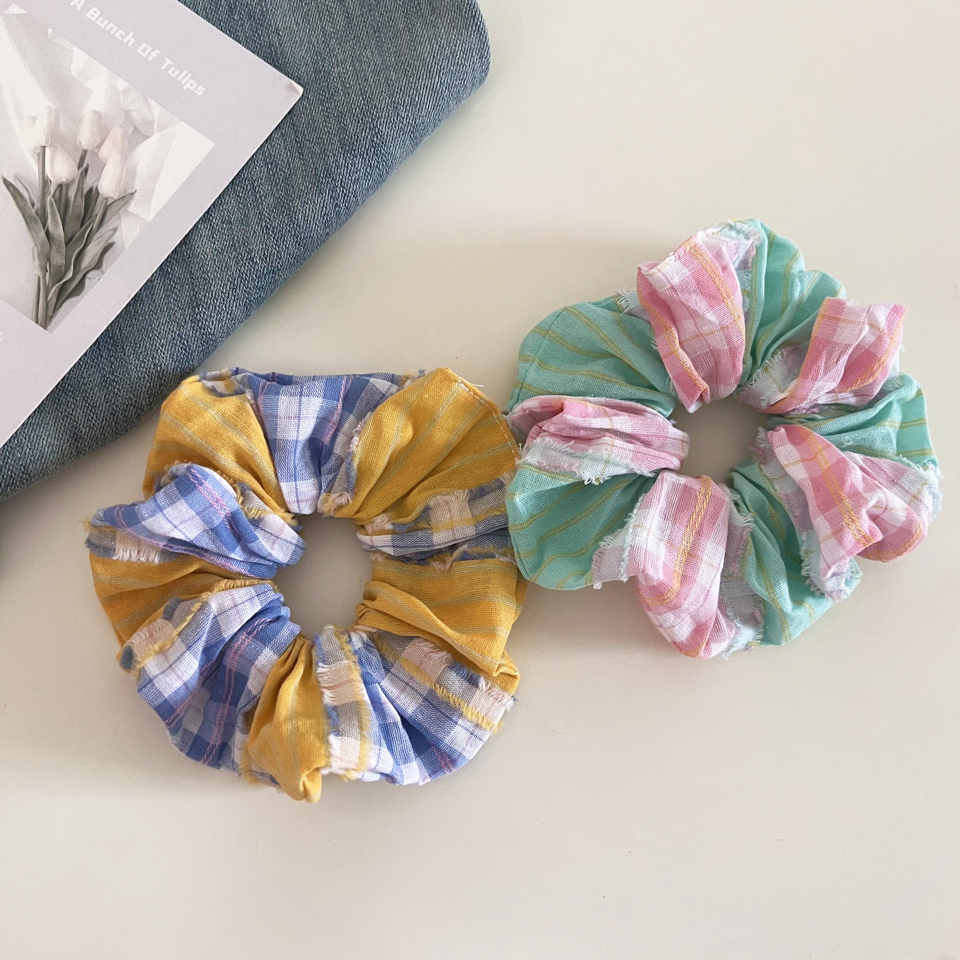 Plaid New Style Checkered Scrunchies In Pink For Stylish Hair Accessories
