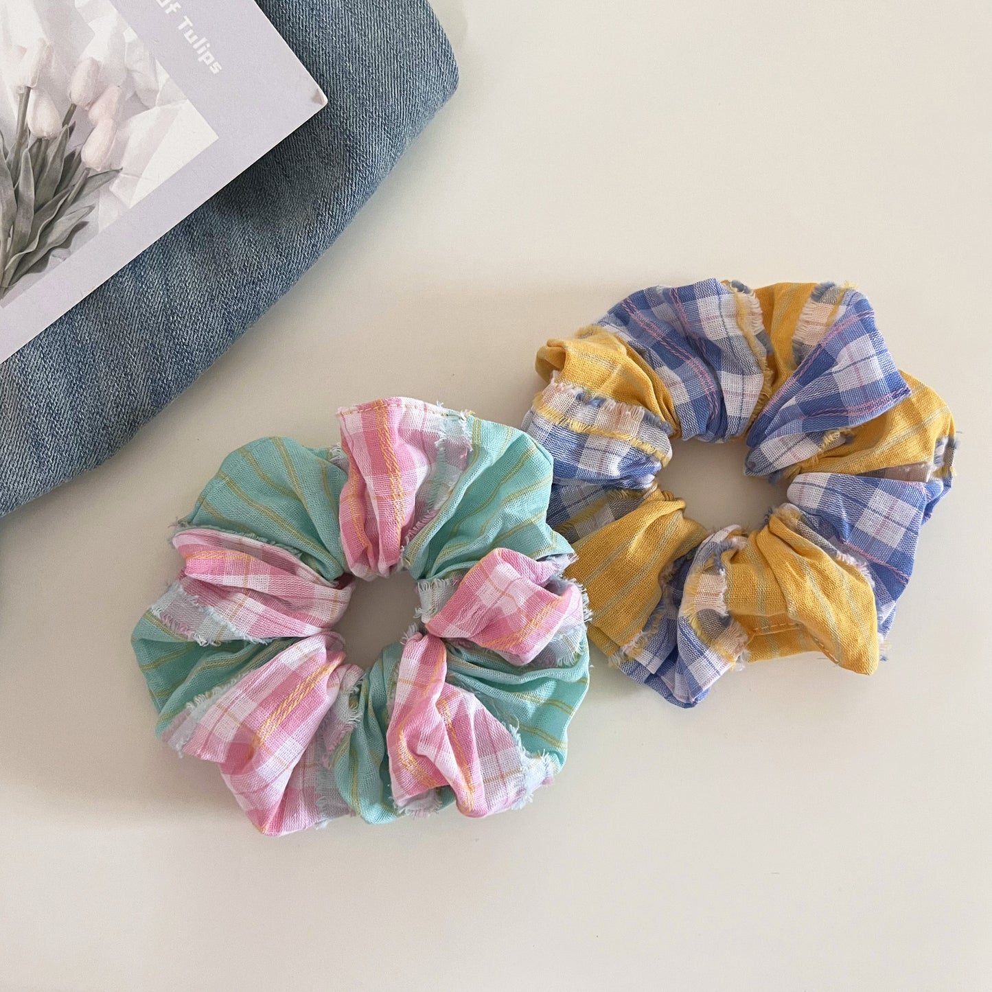 Plaid New Style Checkered Scrunchies In Pink For Stylish Hair Accessories