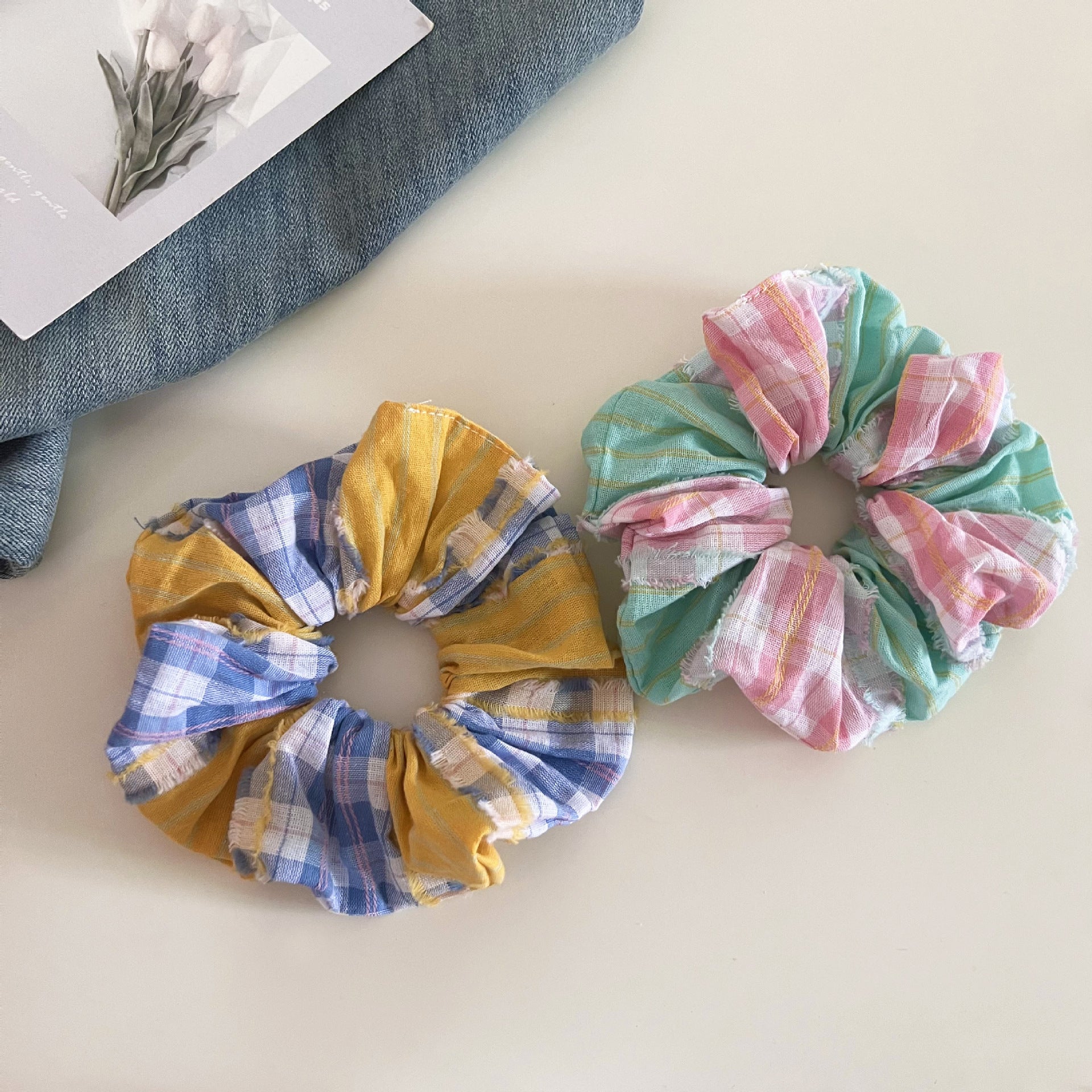 Plaid New Style Checkered Scrunchies In Pink For Stylish Hair Accessories
