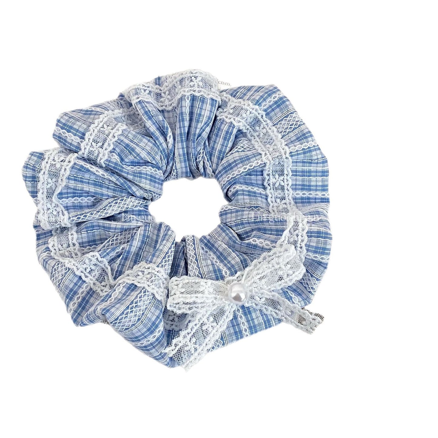 New Style Bow Tie Cloth Hair Scrunchie In Blue Featuring Checkered Pattern