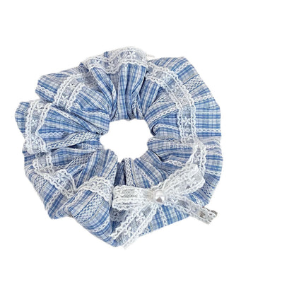 New Style Bow Tie Cloth Hair Scrunchie In Blue Featuring Checkered Pattern