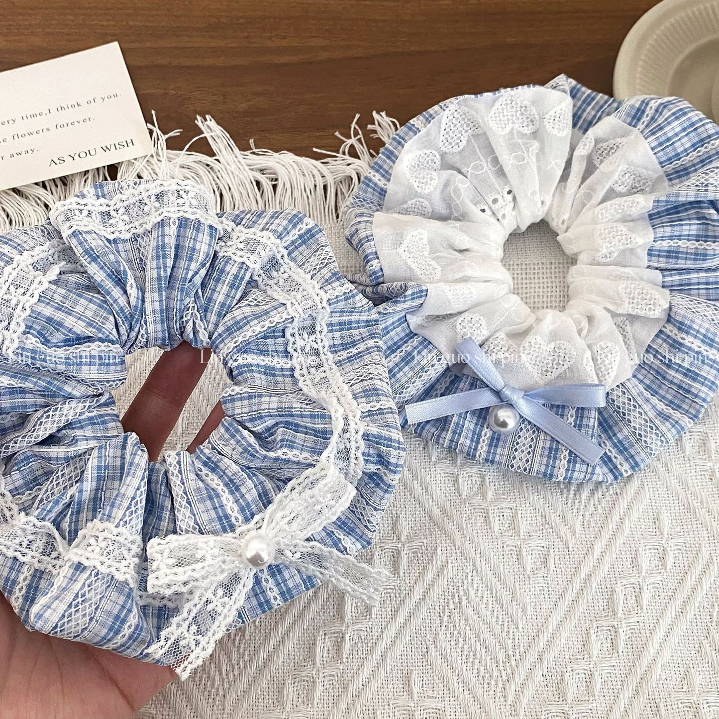 New Style Bow Tie Cloth Hair Scrunchie In Blue Featuring Checkered Pattern