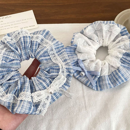 New Style Bow Tie Cloth Hair Scrunchie In Blue Featuring Checkered Pattern