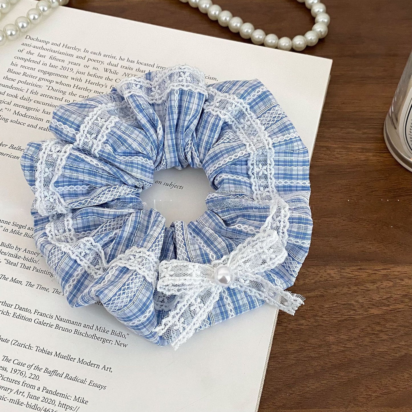 New Style Bow Tie Cloth Hair Scrunchie In Blue Featuring Checkered Pattern