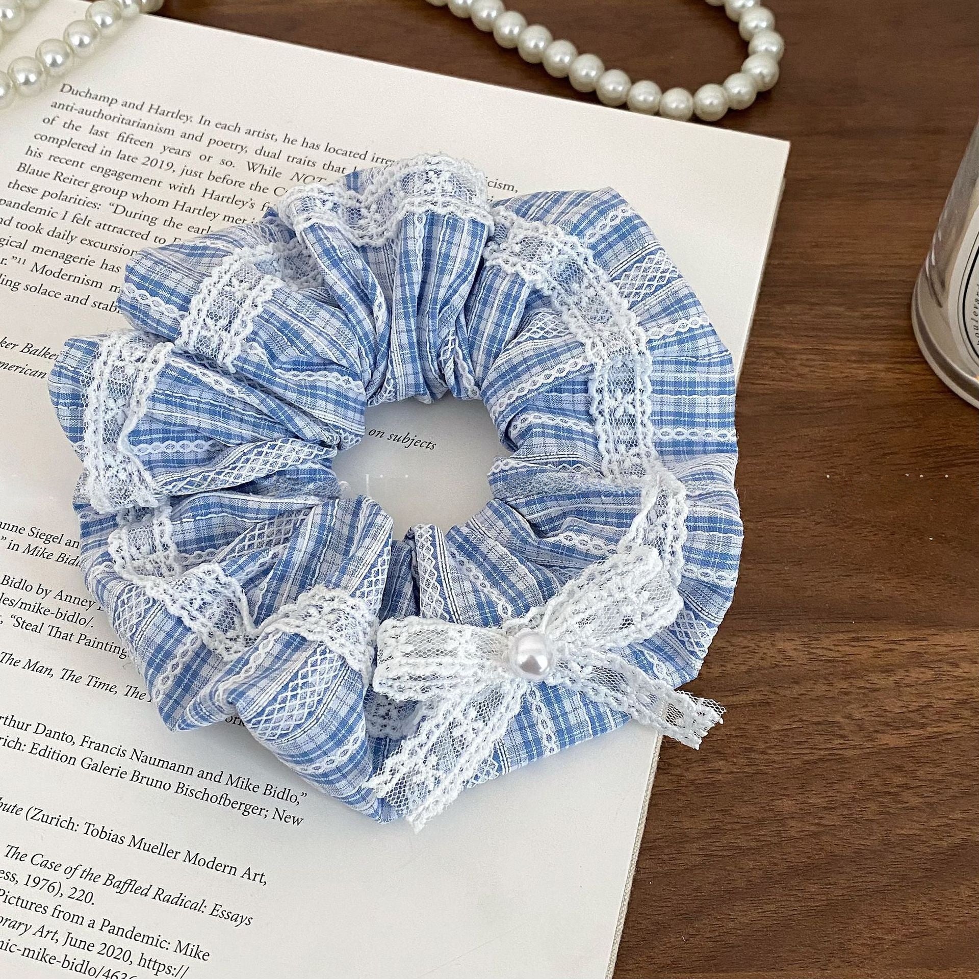 New Style Bow Tie Cloth Hair Scrunchie In Blue Featuring Checkered Pattern