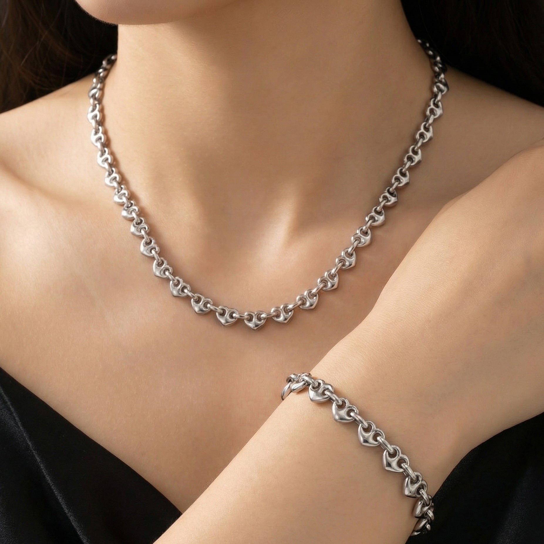 Handmade Heart Shape Jewelry Set For Women In Titanium Steel With Cuban Link Chain Curb Chain