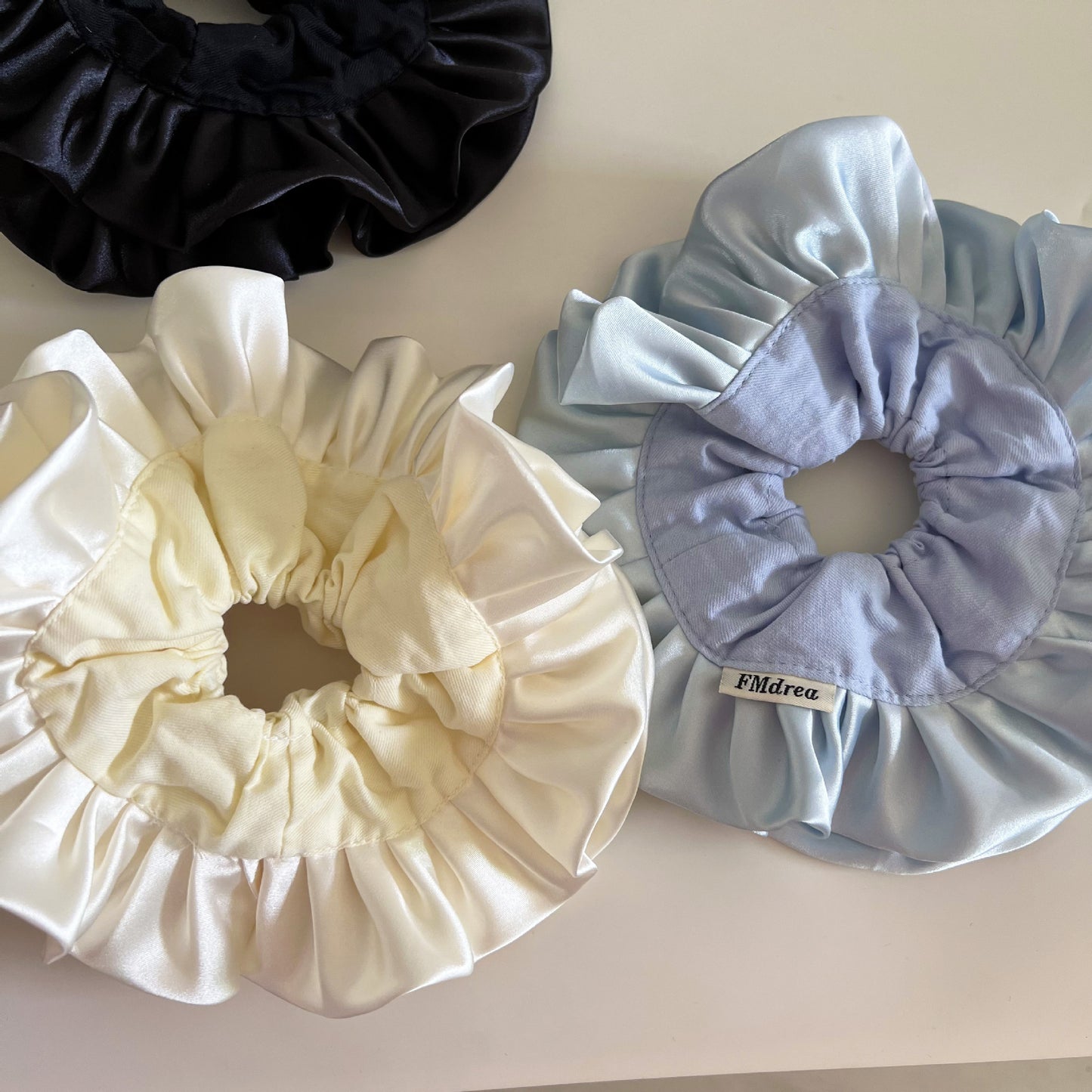 French Style Ruffle Scrunchie Hair Tie In Light Blue Cloth