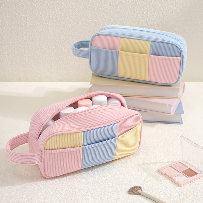 Color Block Corduroy Cosmetic Bag For Women, Stylish And Durable Makeup Pouch