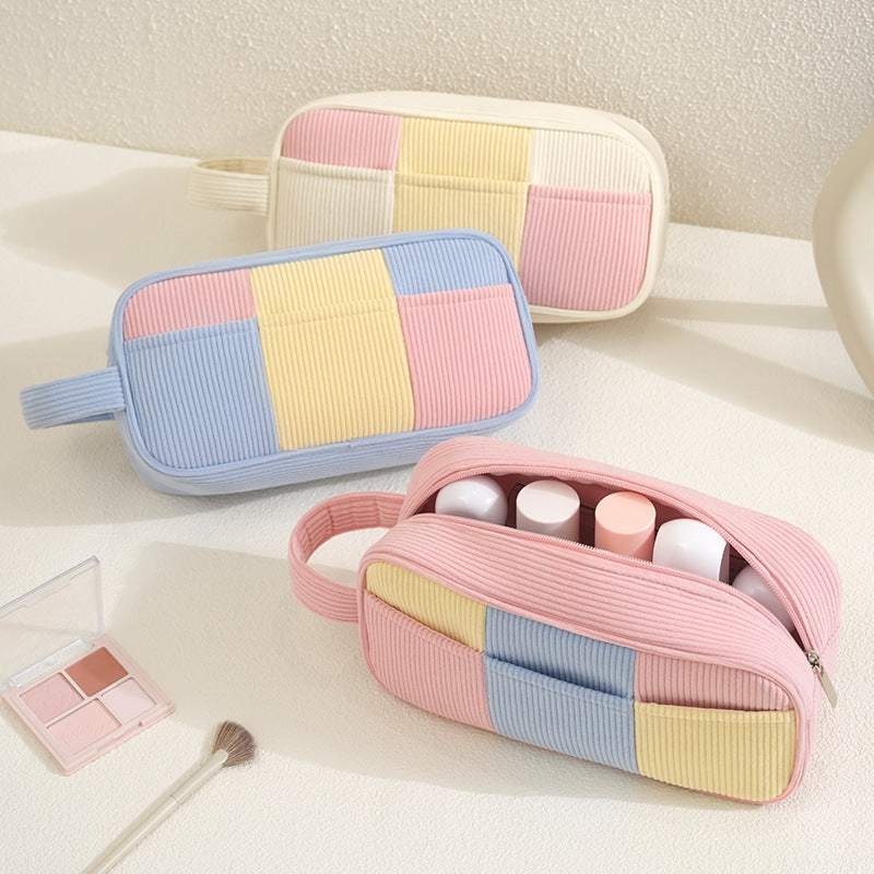 Color Block Corduroy Cosmetic Bag For Women, Stylish And Durable Makeup Pouch