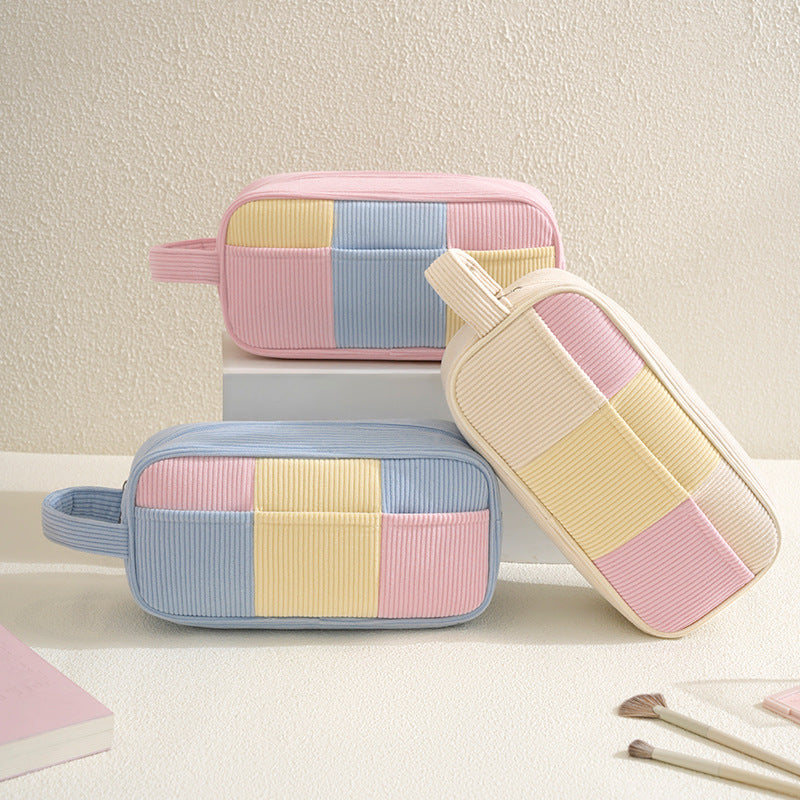 Color Block Corduroy Cosmetic Bag For Women, Stylish And Durable Makeup Pouch