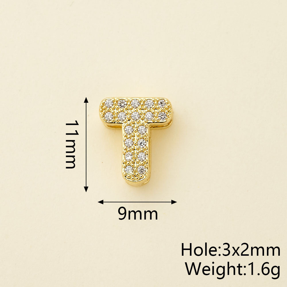 Smooth Letter Bead With 18K Real Gold Plated Copper Featuring Zircon Inlay, Electroplated Finish, 1 Pc Package