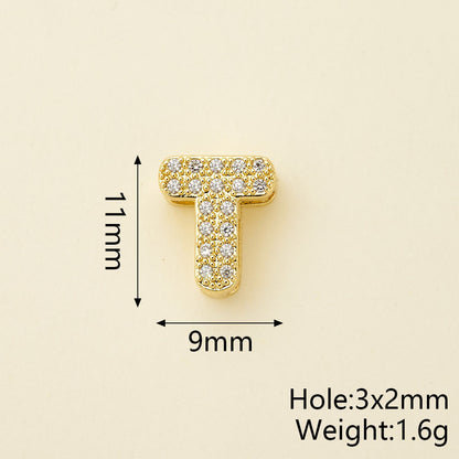 Smooth Letter Bead With 18K Real Gold Plated Copper Featuring Zircon Inlay, Electroplated Finish, 1 Pc Package