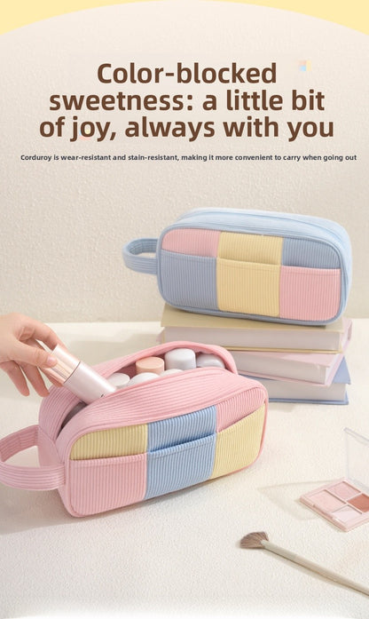 Color Block Corduroy Cosmetic Bag For Women, Stylish And Durable Makeup Pouch