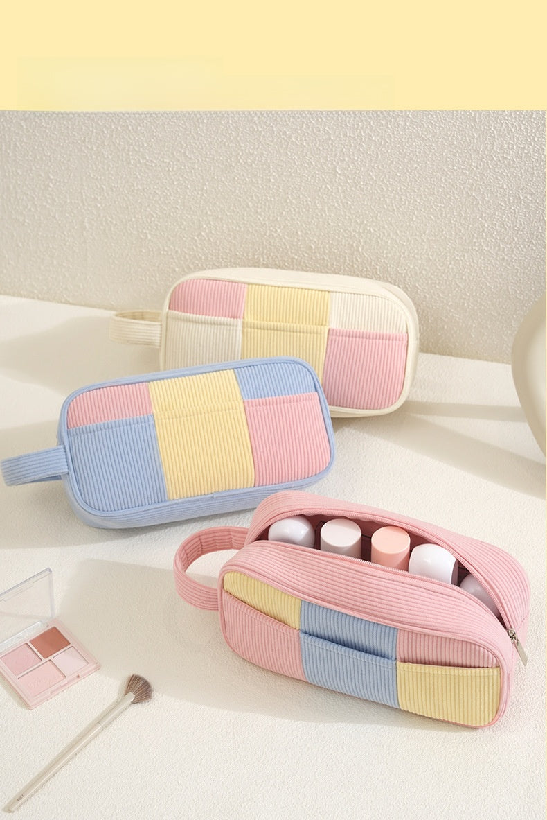 Color Block Corduroy Cosmetic Bag For Women, Stylish And Durable Makeup Pouch