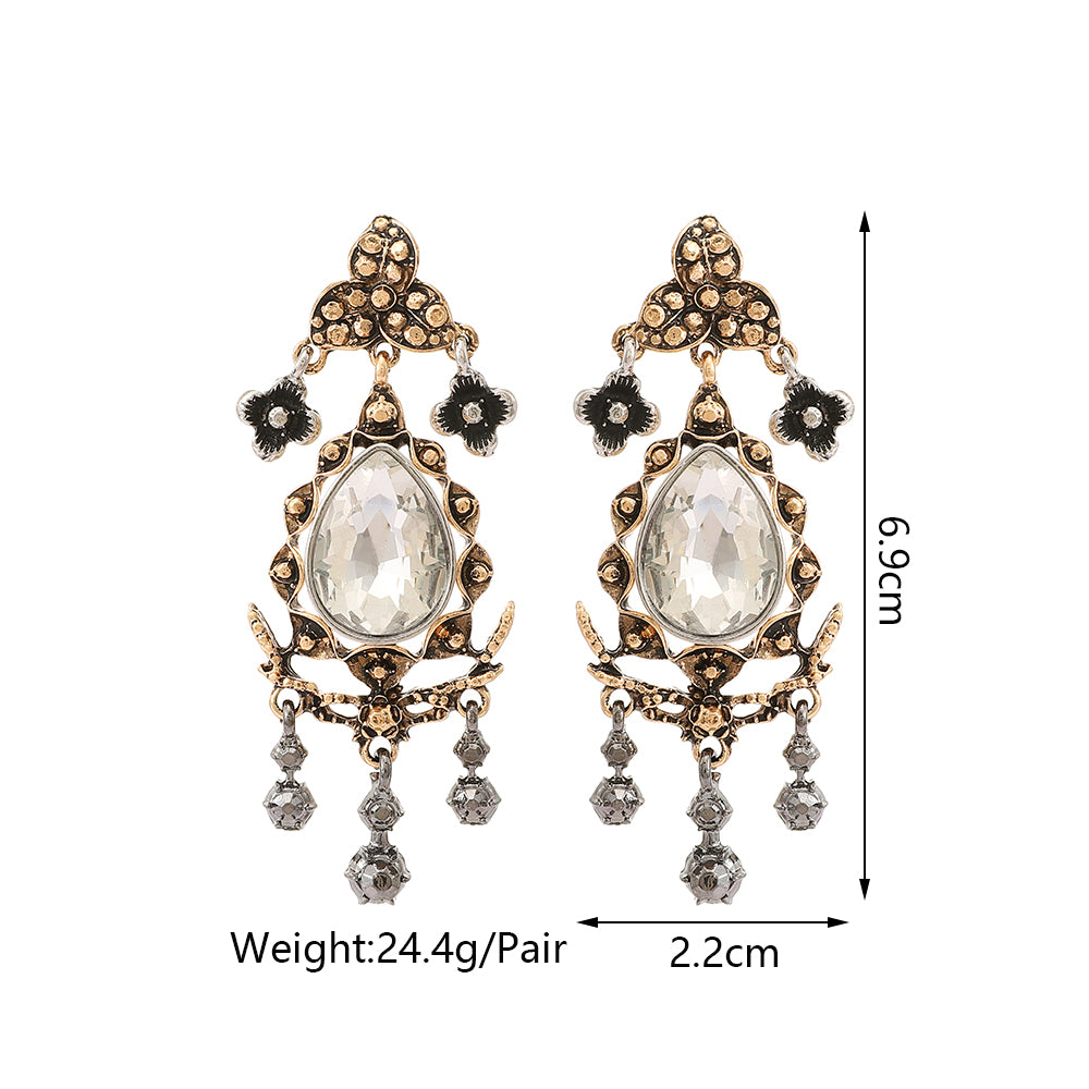 Water Droplets For Women Retro Zinc Alloy Earring With Distressed Craft And Rhinestone Inlay, Perfect For Banquet