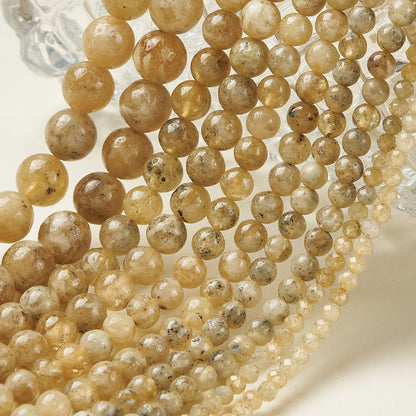 Round Natural Stone Beads Featuring Faceted Cut And Yellow Garnet, Handmade With Hole Under 1mm, 1 Strand Package