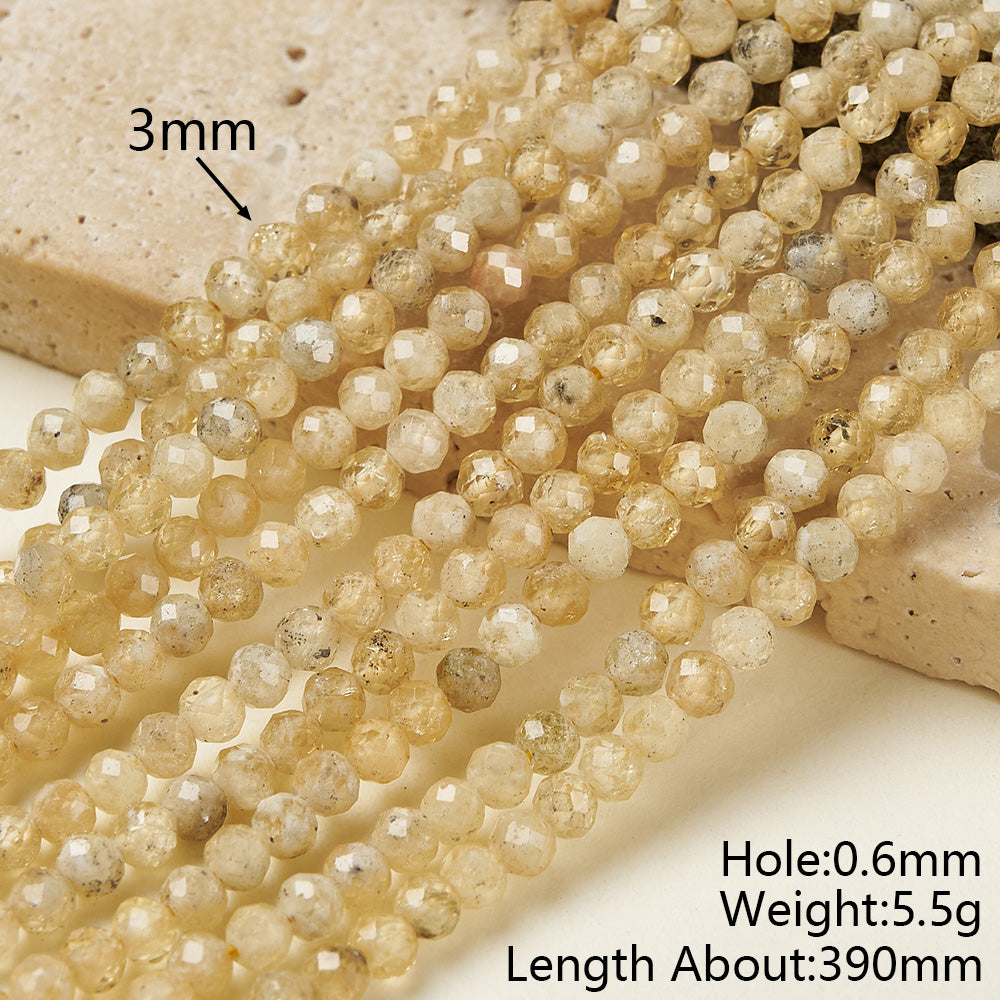 Round Natural Stone Beads Featuring Faceted Cut And Yellow Garnet, Handmade With Hole Under 1mm, 1 Strand Package