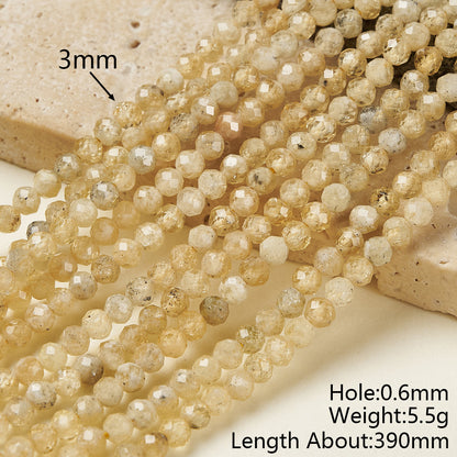 Round Natural Stone Beads Featuring Faceted Cut And Yellow Garnet, Handmade With Hole Under 1mm, 1 Strand Package