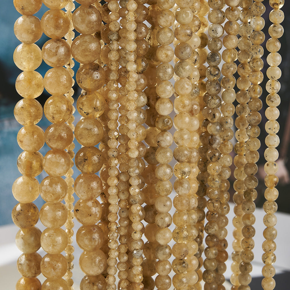 Round Natural Stone Beads Featuring Faceted Cut And Yellow Garnet, Handmade With Hole Under 1mm, 1 Strand Package