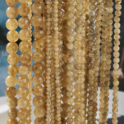 Round Natural Stone Beads Featuring Faceted Cut And Yellow Garnet, Handmade With Hole Under 1mm, 1 Strand Package