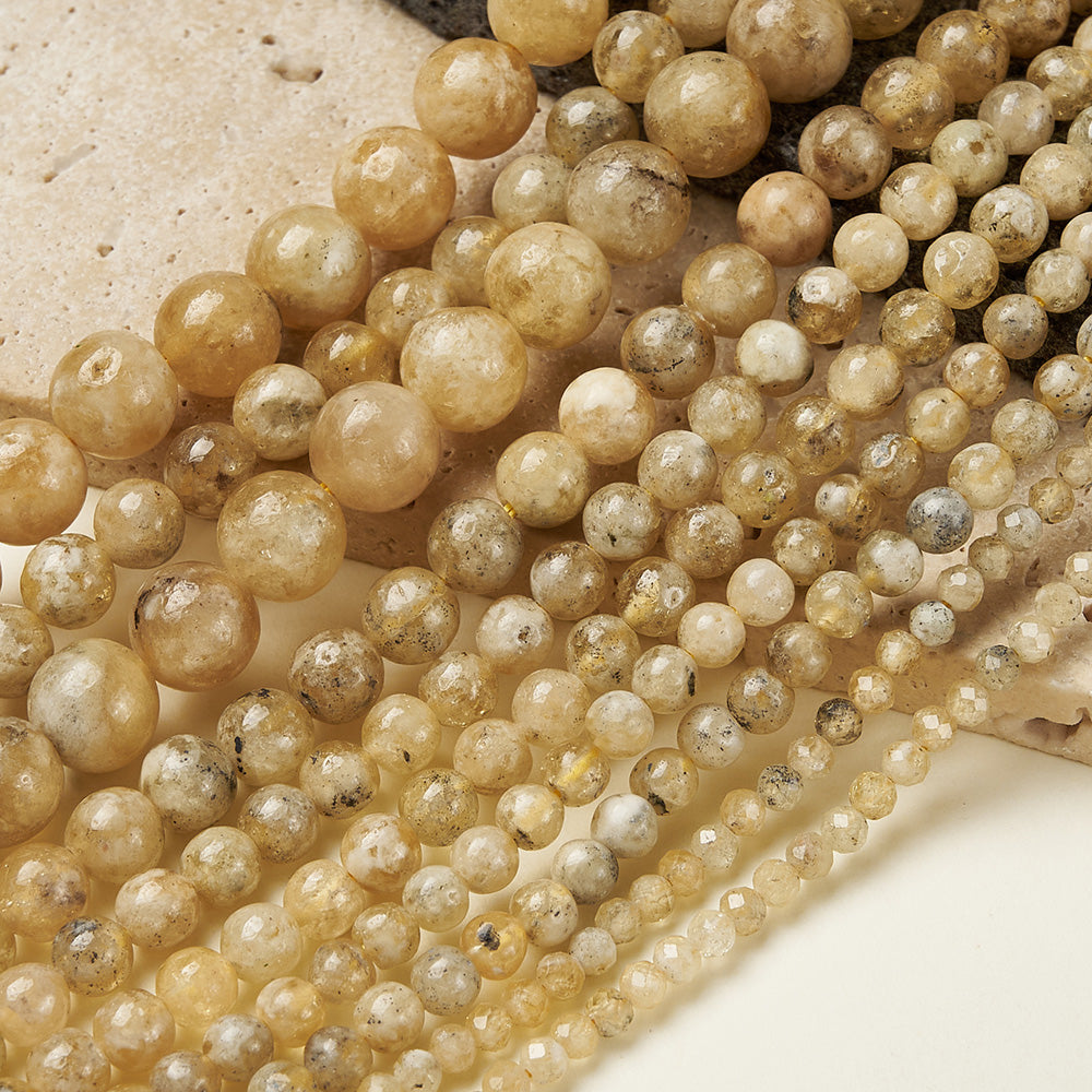 Round Natural Stone Beads Featuring Faceted Cut And Yellow Garnet, Handmade With Hole Under 1mm, 1 Strand Package