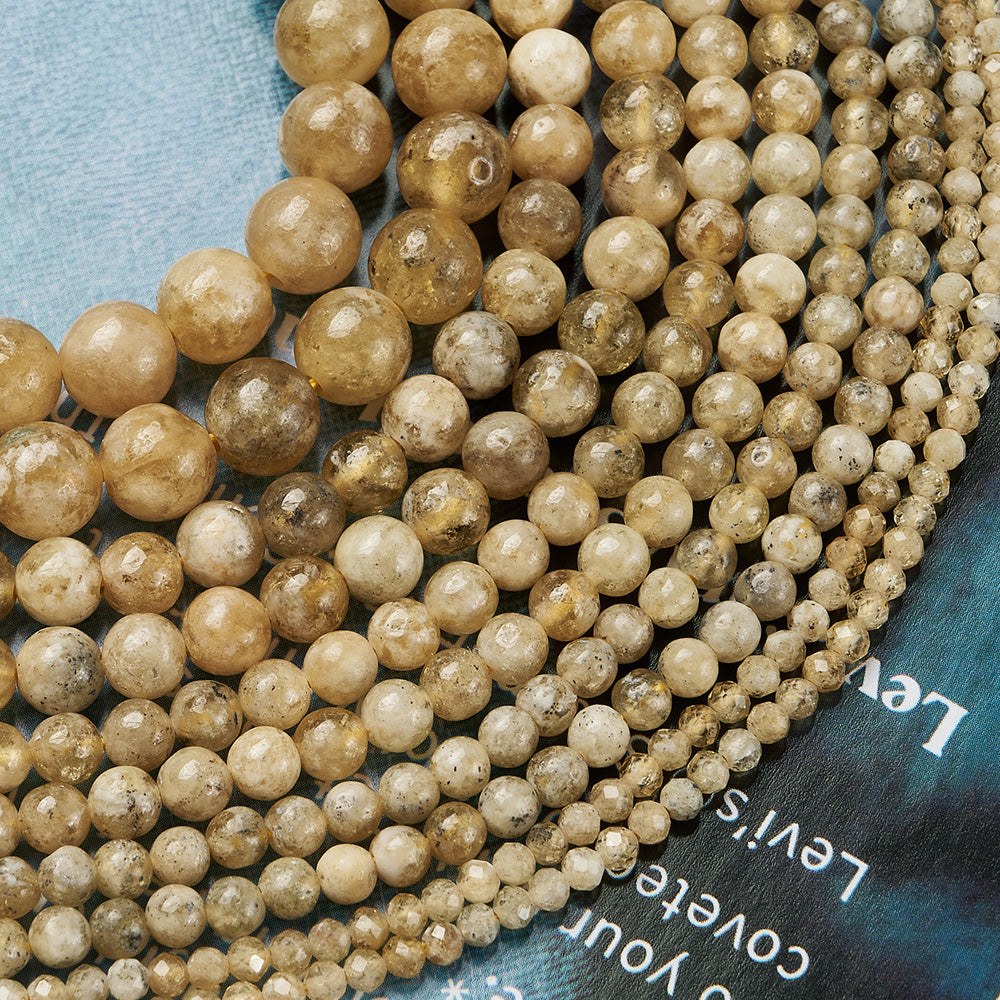 Round Natural Stone Beads Featuring Faceted Cut And Yellow Garnet, Handmade With Hole Under 1mm, 1 Strand Package
