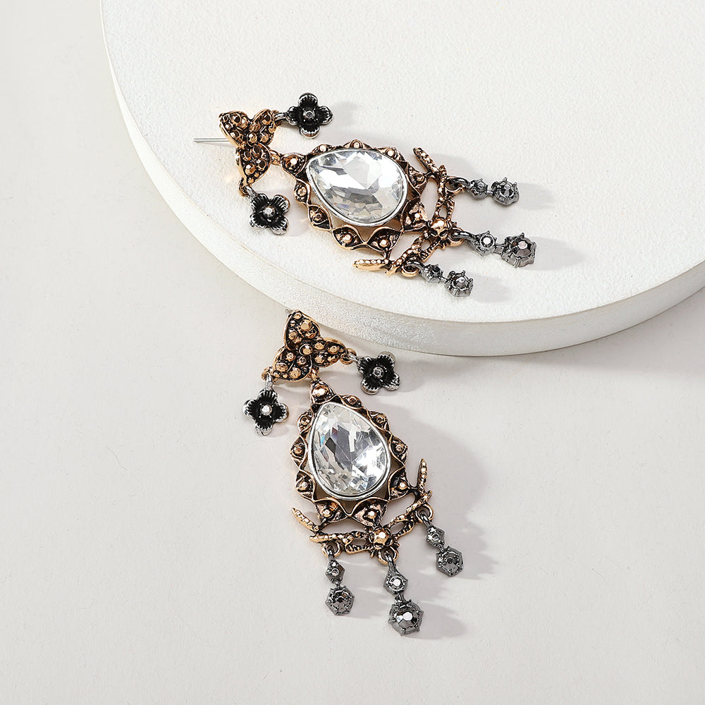 Water Droplets For Women Retro Zinc Alloy Earring With Distressed Craft And Rhinestone Inlay, Perfect For Banquet