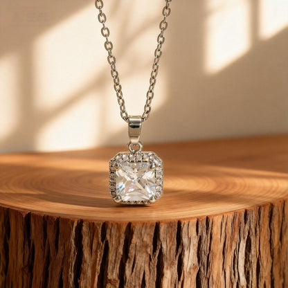 Square Copper Necklace For Women Featuring Zircon Inlay In Elegant Golden Tone
