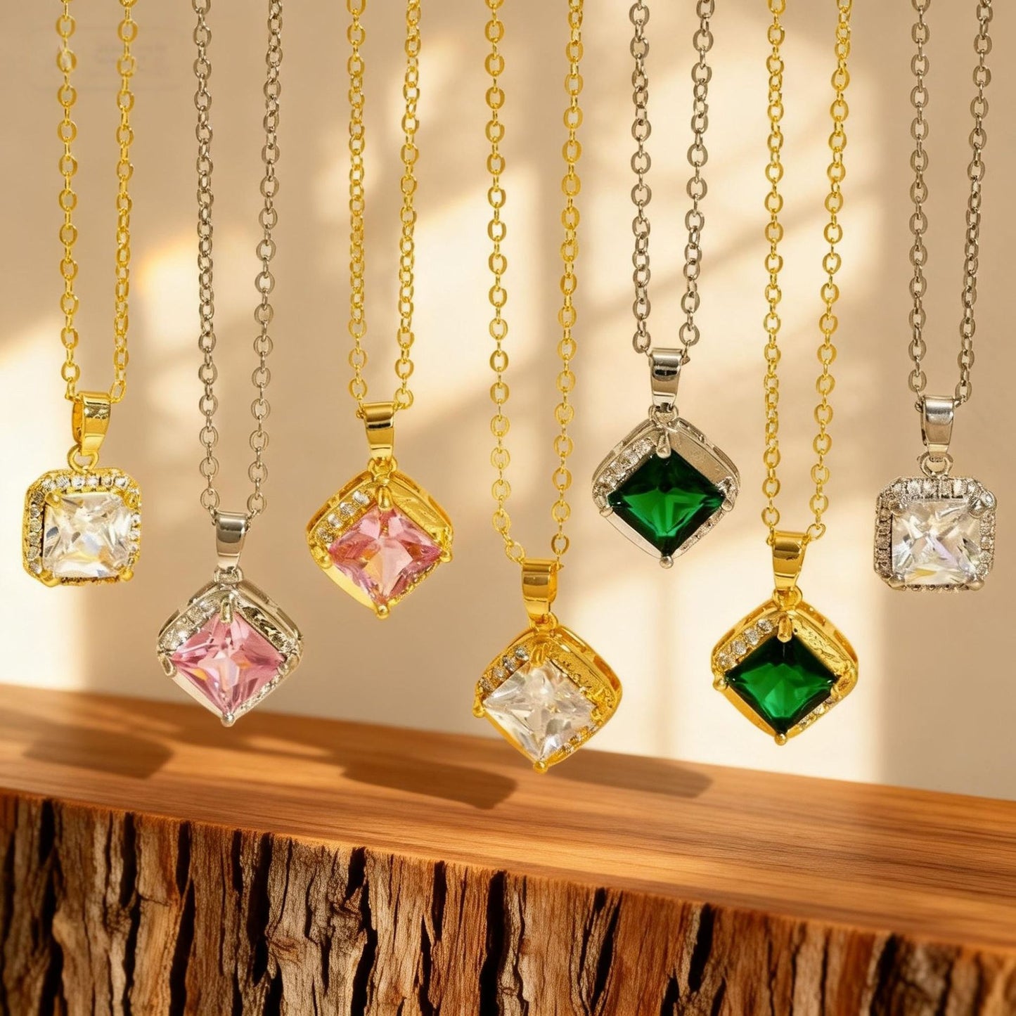 Square Copper Necklace For Women Featuring Zircon Inlay In Elegant Golden Tone