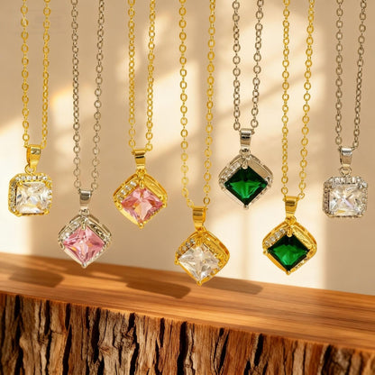 Square Copper Necklace For Women Featuring Zircon Inlay In Elegant Golden Tone