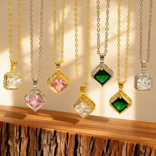 Square Copper Necklace For Women Featuring Zircon Inlay In Elegant Golden Tone