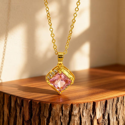 Square Copper Necklace For Women Featuring Zircon Inlay In Elegant Golden Tone