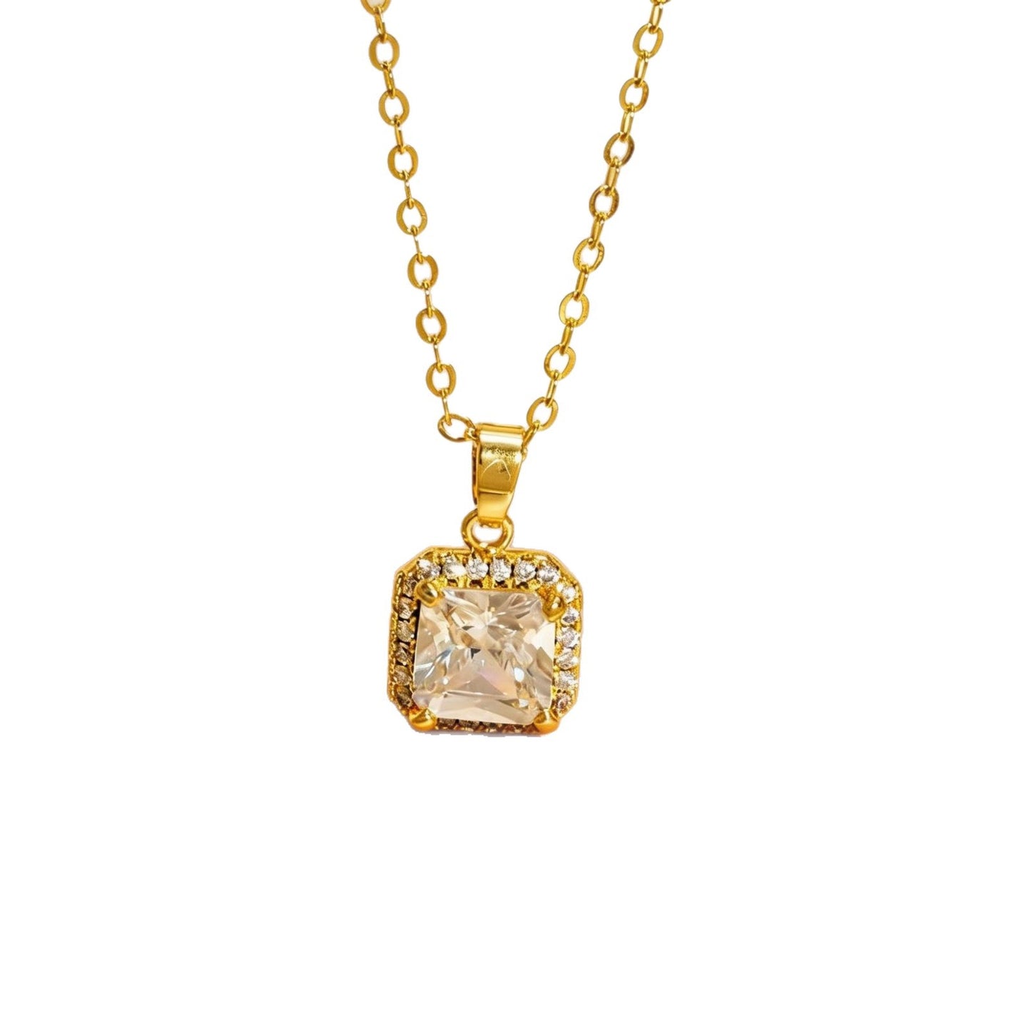 Square Copper Necklace For Women Featuring Zircon Inlay In Elegant Golden Tone