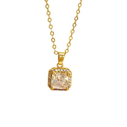 Square Copper Necklace For Women Featuring Zircon Inlay In Elegant Golden Tone