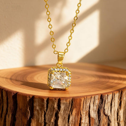 Square Copper Necklace For Women Featuring Zircon Inlay In Elegant Golden Tone