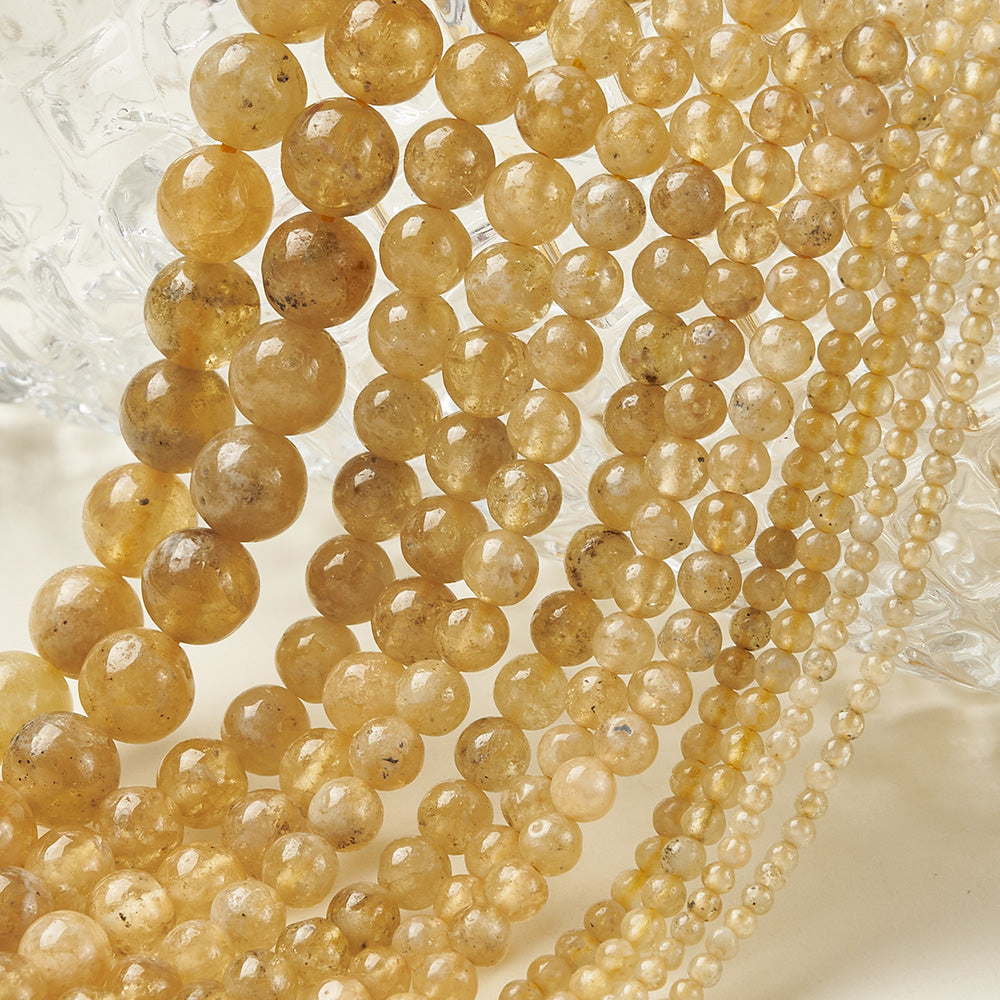 Round Natural Stone Beads With Faceted Cut In Yellow Garnet, Handmade, 1 Strand Package, Hole Under 1mm