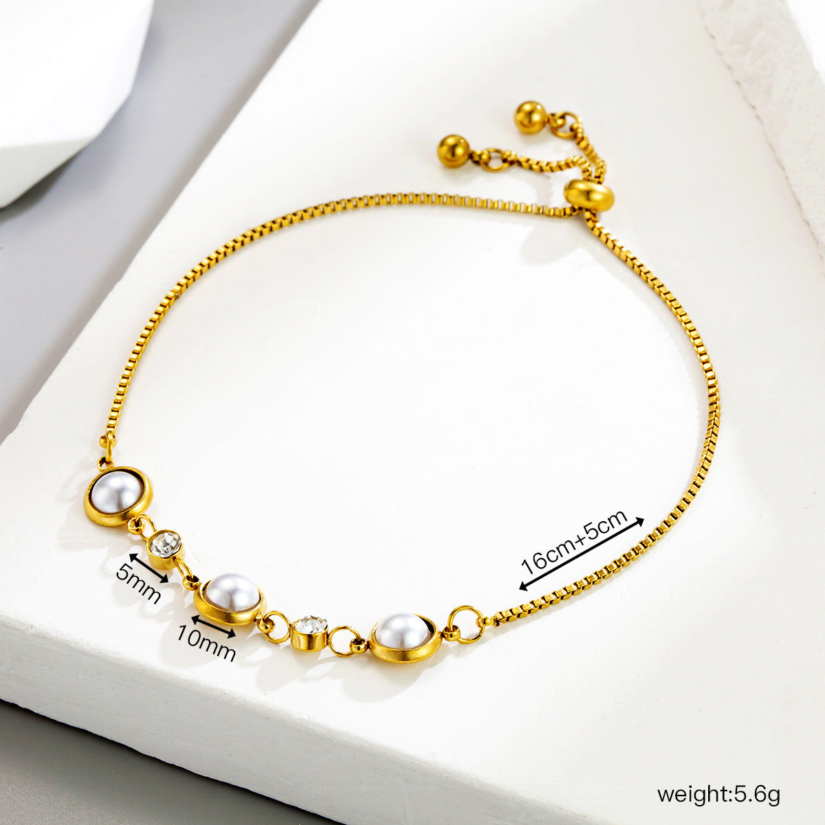 Geometric Bracelet For Women In Titanium Steel With 14K Real Gold Plated Finish And Pearl Inlay On Cable Chain