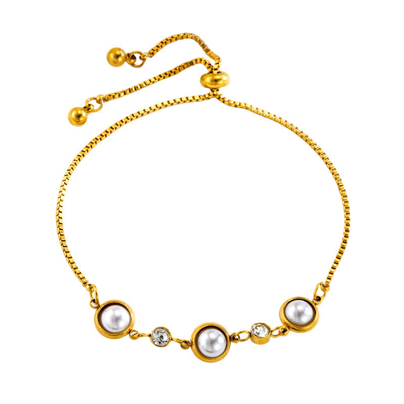 Geometric Bracelet For Women In Titanium Steel With 14K Real Gold Plated Finish And Pearl Inlay On Cable Chain
