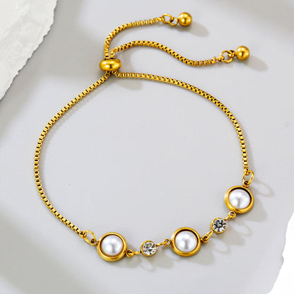 Geometric Bracelet For Women In Titanium Steel With 14K Real Gold Plated Finish And Pearl Inlay On Cable Chain
