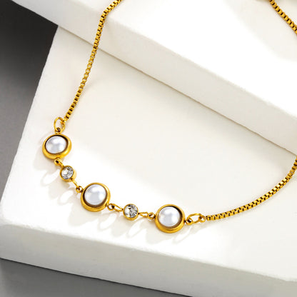 Geometric Bracelet For Women In Titanium Steel With 14K Real Gold Plated Finish And Pearl Inlay On Cable Chain