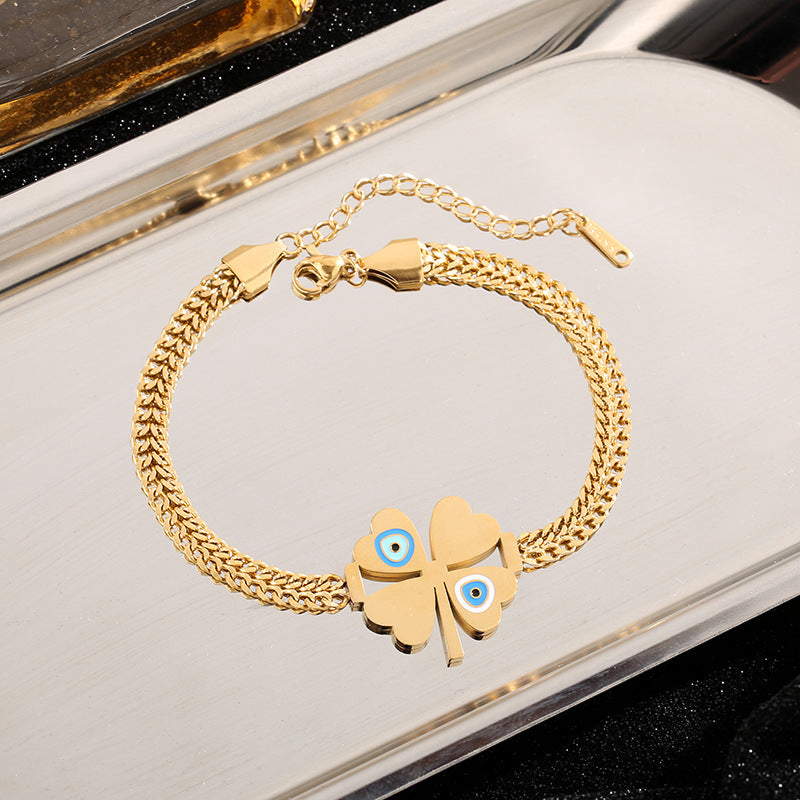 Four Leaf Clover Bracelet For Women In Electroplated Titanium Steel With 14K Real Gold Plated Cable Chain