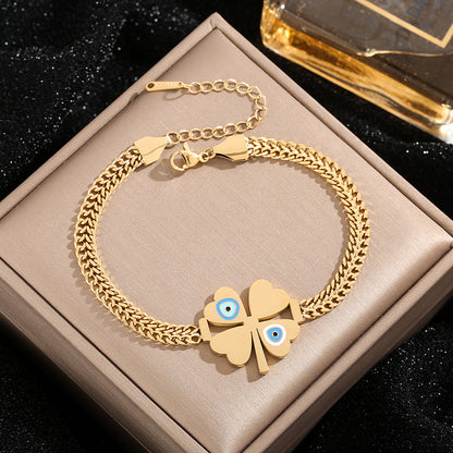 Four Leaf Clover Bracelet For Women In Electroplated Titanium Steel With 14K Real Gold Plated Cable Chain