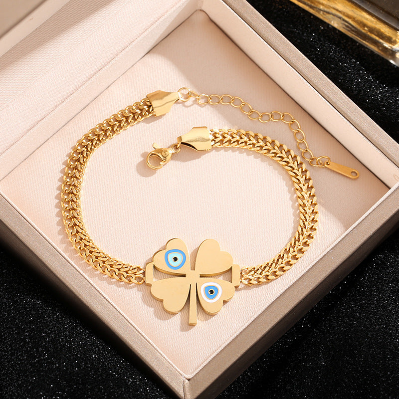 Four Leaf Clover Bracelet For Women In Electroplated Titanium Steel With 14K Real Gold Plated Cable Chain
