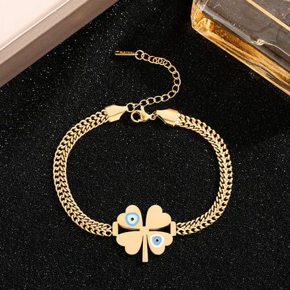 Four Leaf Clover Bracelet For Women In Electroplated Titanium Steel With 14K Real Gold Plated Cable Chain