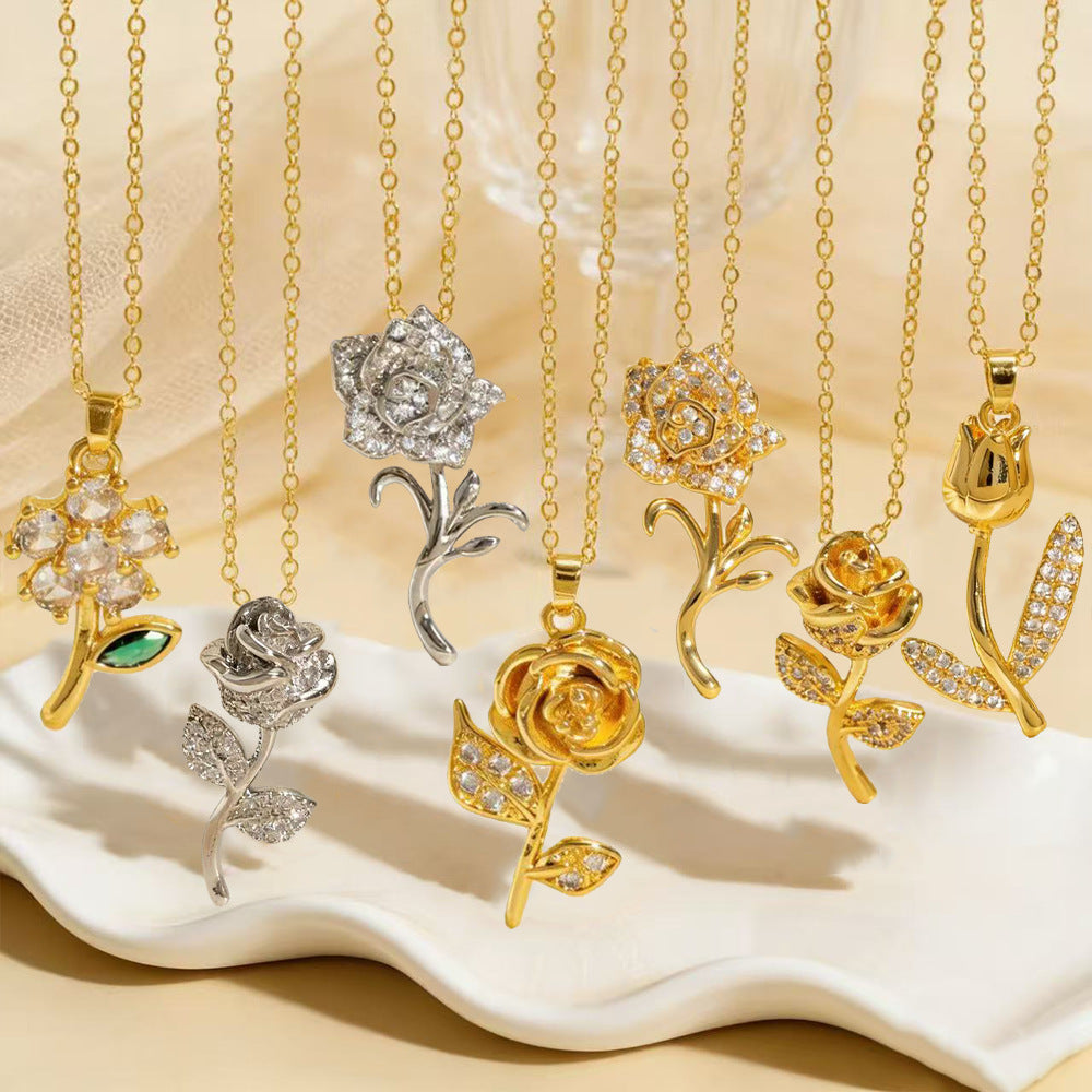 Rose Gold Copper Sweater Chain Necklace With Zircon Inlay, Elegant Design For Everyday Wear