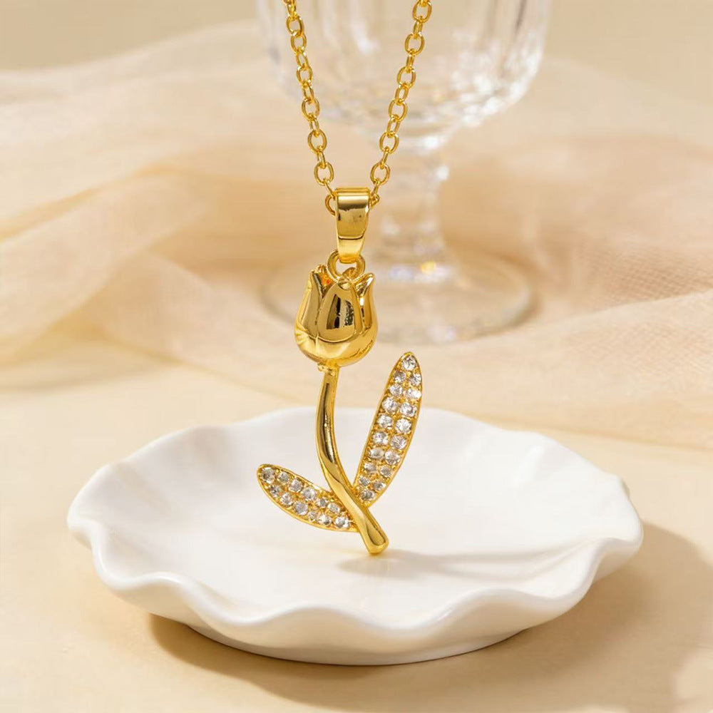 Rose Gold Copper Sweater Chain Necklace With Zircon Inlay, Elegant Design For Everyday Wear