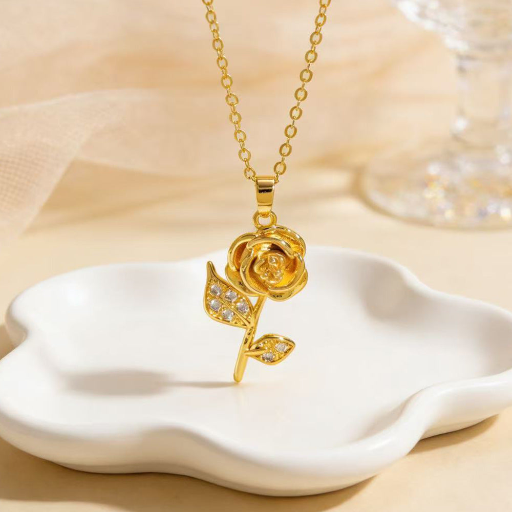 Rose Gold Copper Sweater Chain Necklace With Zircon Inlay, Elegant Design For Everyday Wear