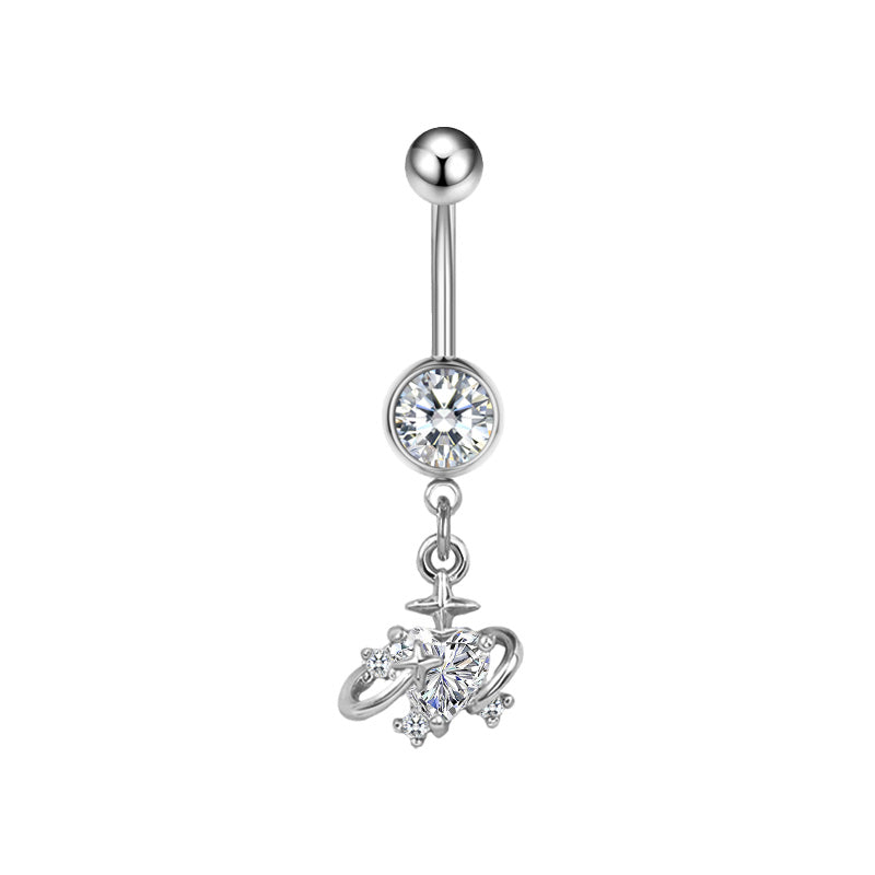 Three-dimensional Moon Copper Belly Ring With Electroplated Platinum And Zircon Inlay