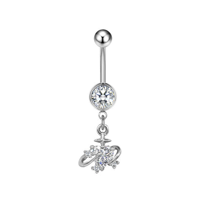 Three-dimensional Moon Copper Belly Ring With Electroplated Platinum And Zircon Inlay